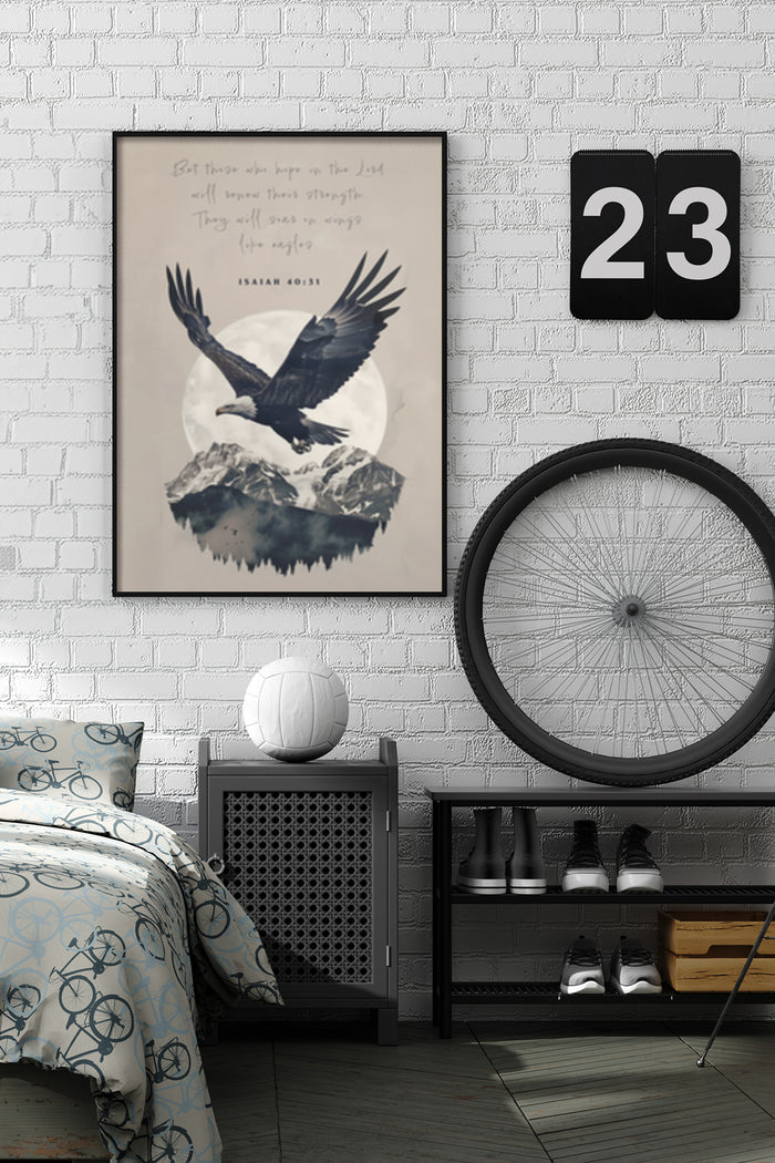 Isaiah 40:31 inspirational eagle and mountains poster in a modern bedroom setting