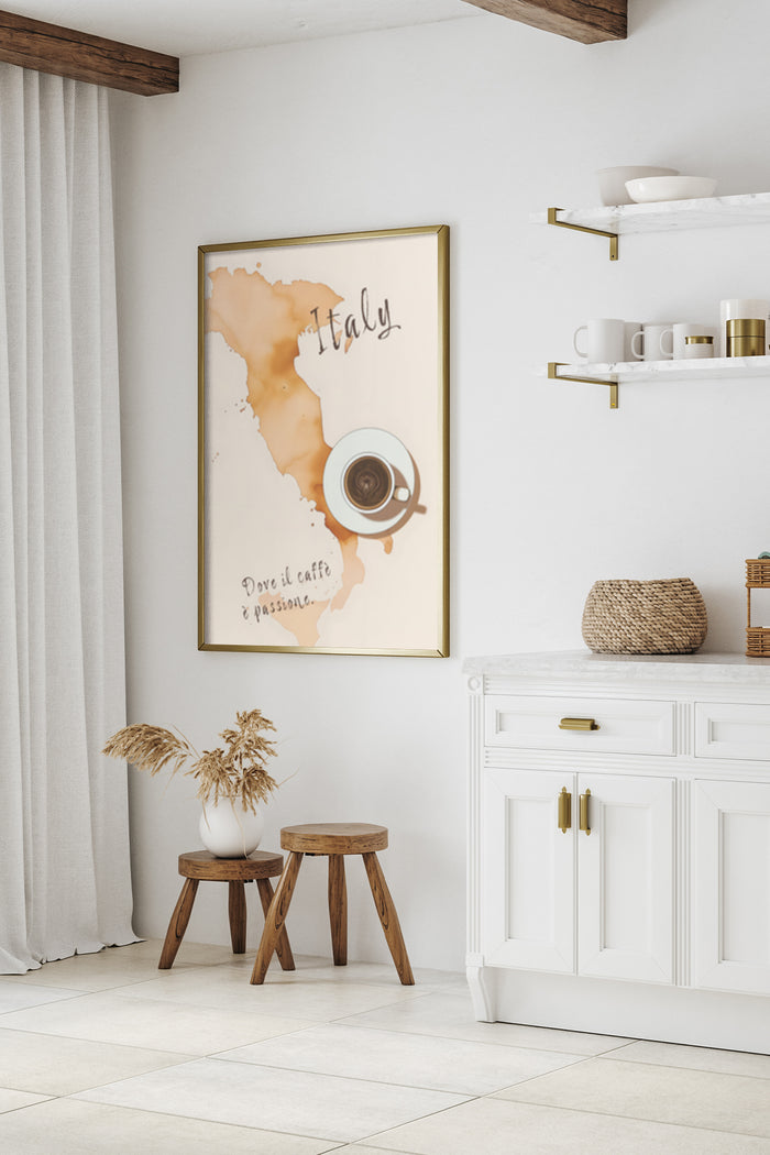 Italian coffee map poster with quote 'Dove il caffè è passione' in a modern kitchen interior