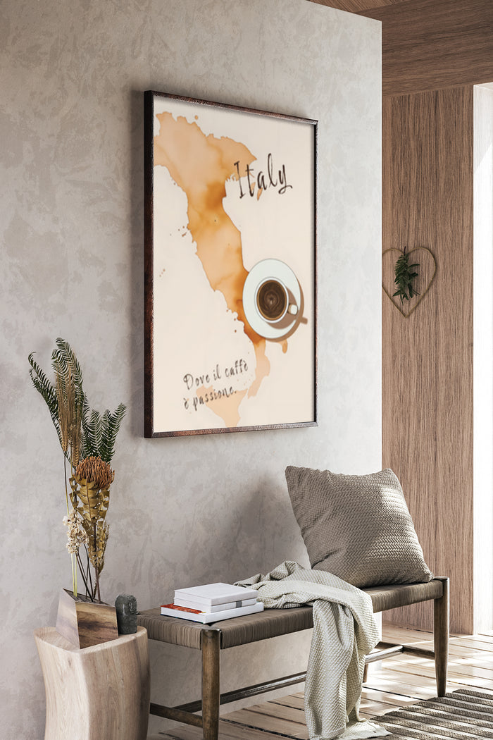 Italy map and espresso cup poster with text 'Dove il caffè è passione' displayed in a modern home interior