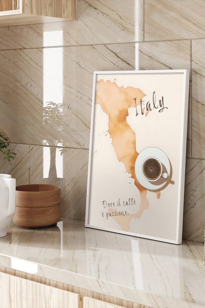 Italy map coffee poster with quote Dove il caffe e passione