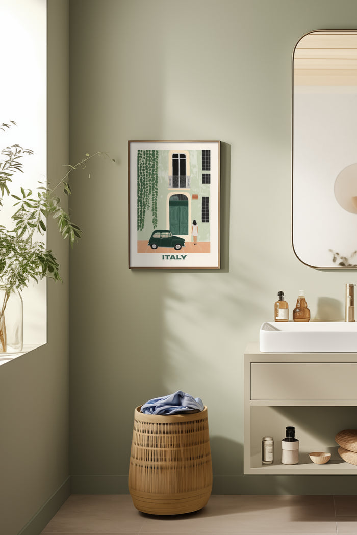 Italy vintage travel poster with classic car and traditional architecture on bathroom wall