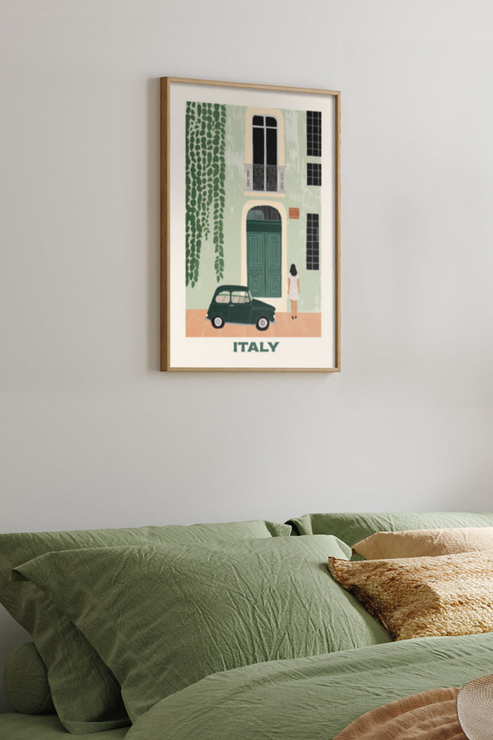 Italy vintage travel poster with classic car and woman in a bedroom setting