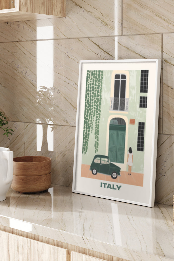 Vintage Italy travel poster with iconic architecture and retro car