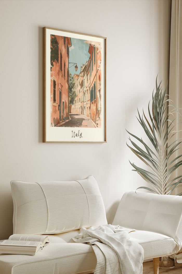 Vintage style poster of an Italian street scene in a modern living room