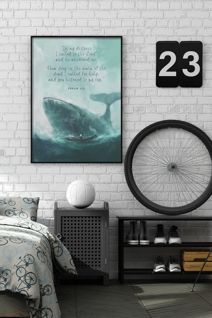 Inspirational Jonah 2:2 Bible Verse Poster with Whale Illustration in Modern Bedroom Setting