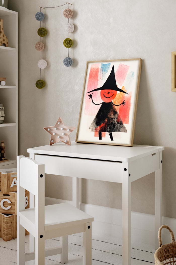 Colorful cute witch illustration in a child's room poster