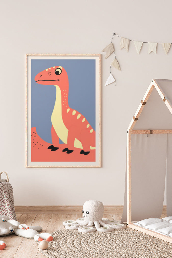 Children's bedroom with a cute cartoon dinosaur poster framed on the wall