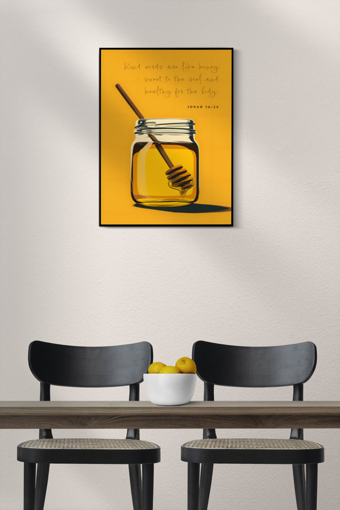 Inspirational poster with a honey jar and quote 'Kind words are like honey - sweet to the soul and healthy for the body' from Jonah 16:24 displayed in a modern room