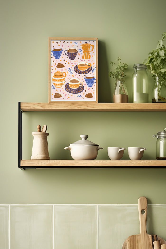 Kitchen decor poster featuring illustrated coffee pots and cups on a shelf