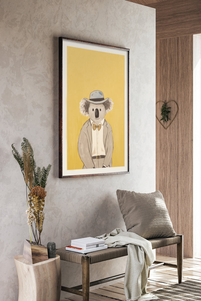 Illustration of a koala wearing a hat and suit, framed artwork in a modern interior