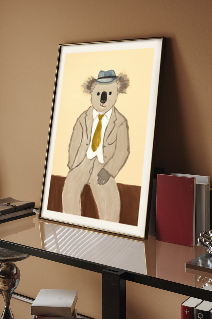 Stylish Koala Bear Wearing Suit and Hat Art Poster in Modern Office