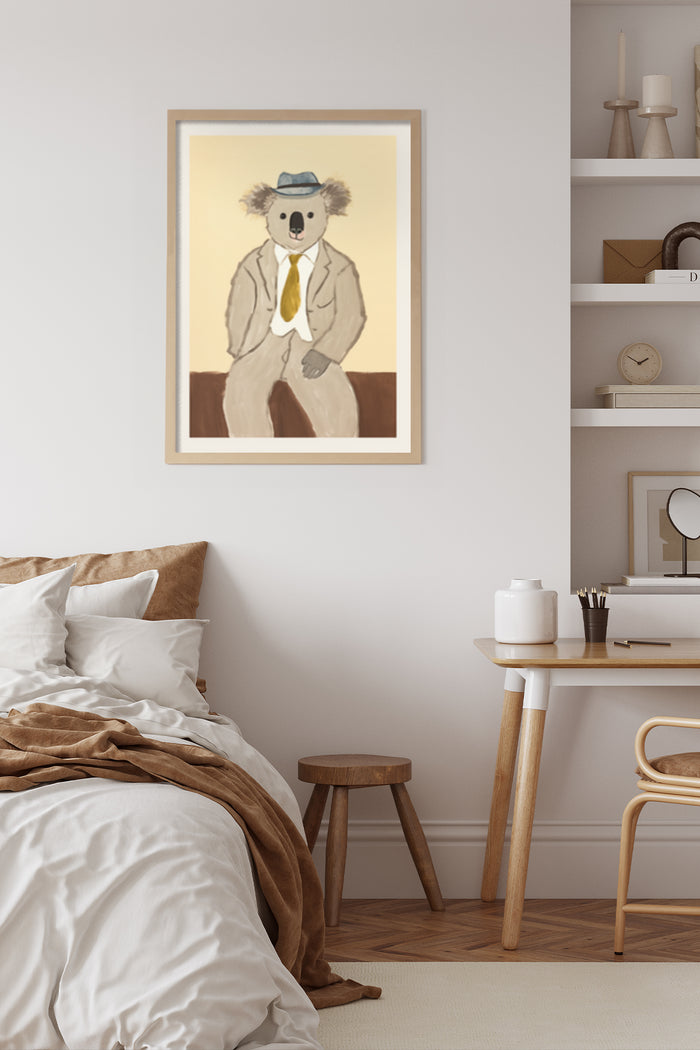 Illustrative poster of a koala dressed in a suit and hat in a modern bedroom setting