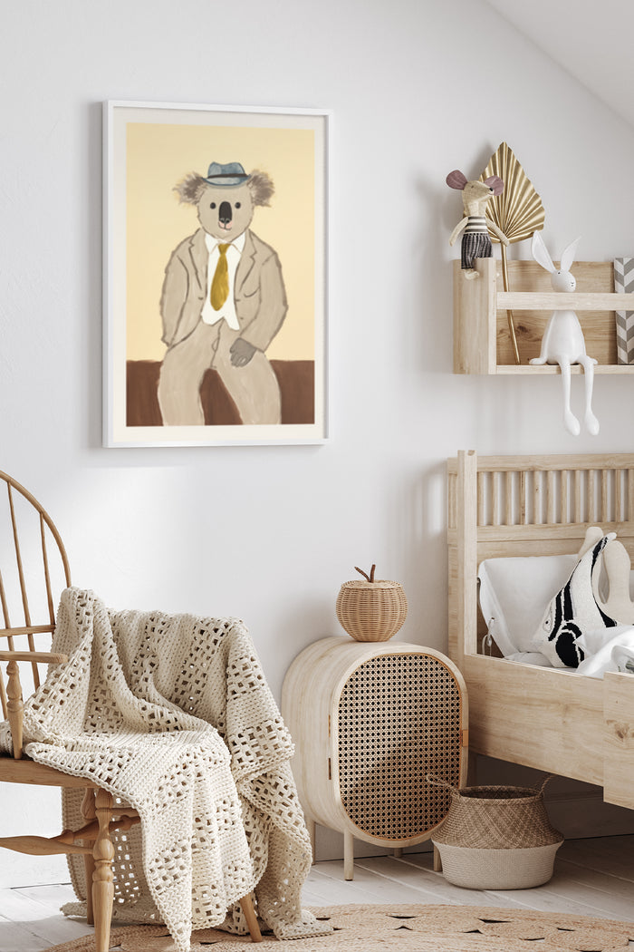 Artistic illustration of a koala wearing a suit and hat, framed poster in a cozy room