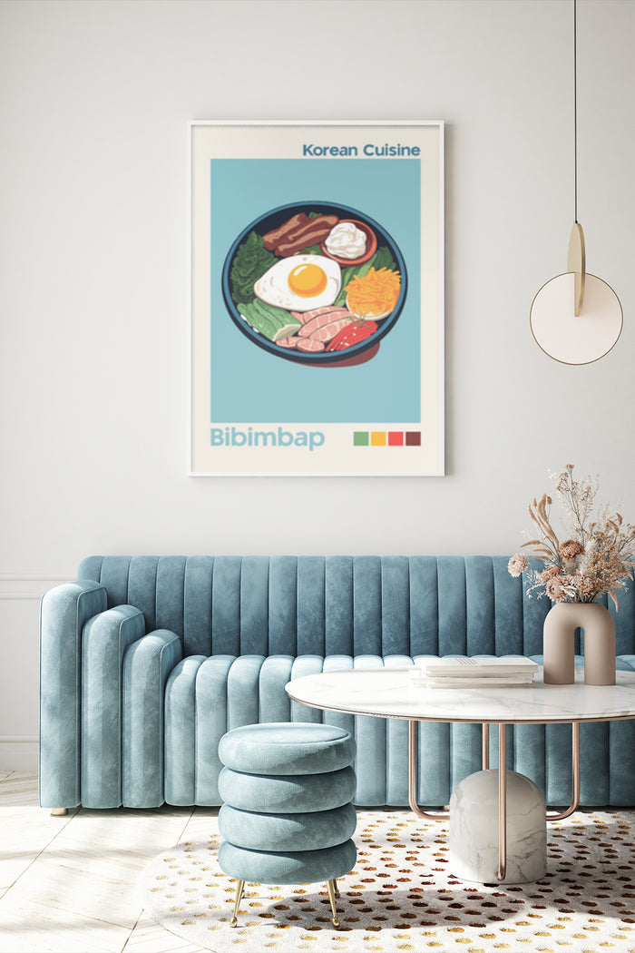 Modern interior with a poster of Korean cuisine featuring Bibimbap dish