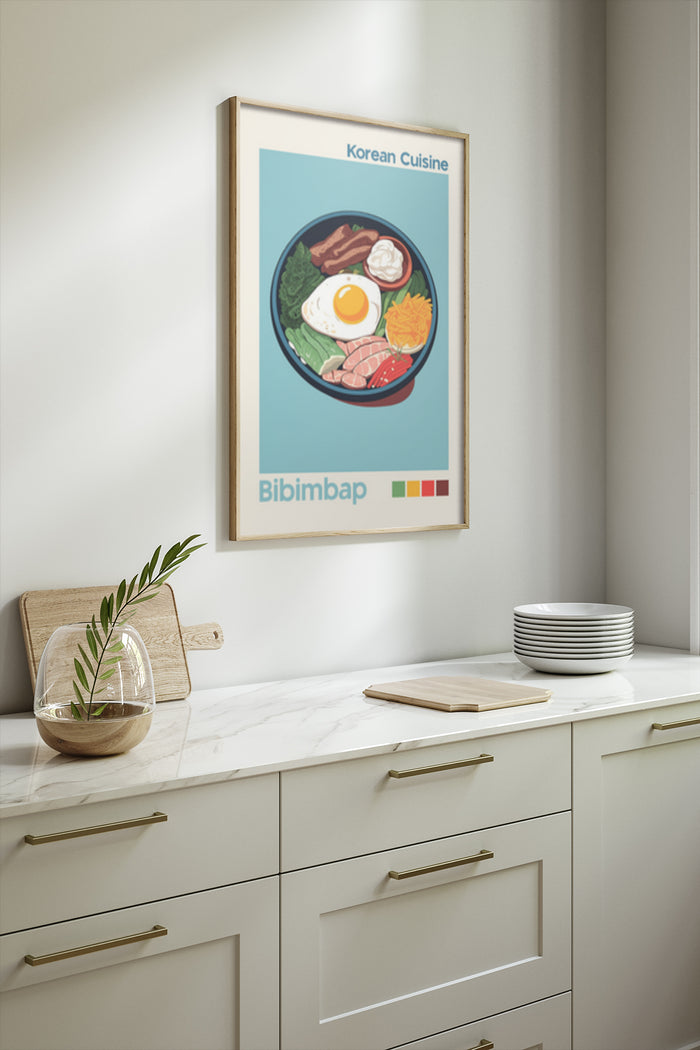 Korean Cuisine Bibimbap Poster in Modern Kitchen Setting