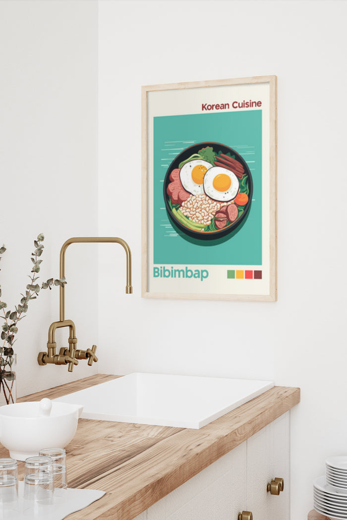Modern poster art of Korean cuisine featuring Bibimbap in a minimalistic kitchen setting