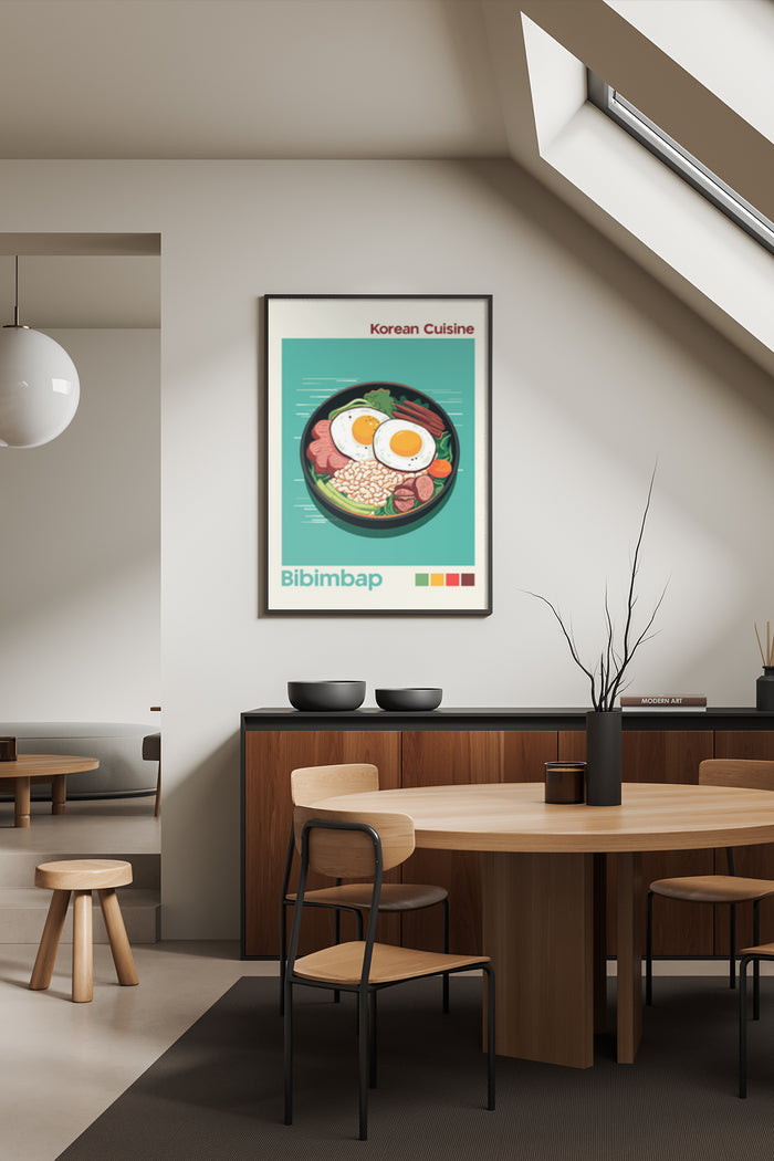 Korean Cuisine Bibimbap Poster Displayed in a Modern Dining Room Interior
