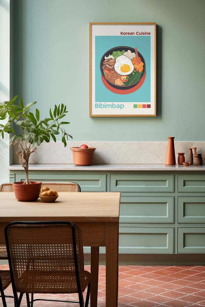 A stylish poster of Korean cuisine featuring Bibimbap hanging in a trendy kitchen interior