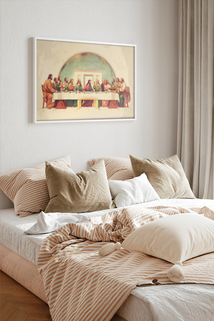 Last Supper art reproduction poster framed and hung above bed in a modern bedroom decor setting
