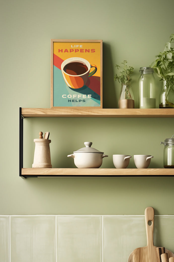 Inspirational coffee poster with the text 'Life Happens Coffee Helps' in a stylish kitchen setting with wooden shelves and greenery