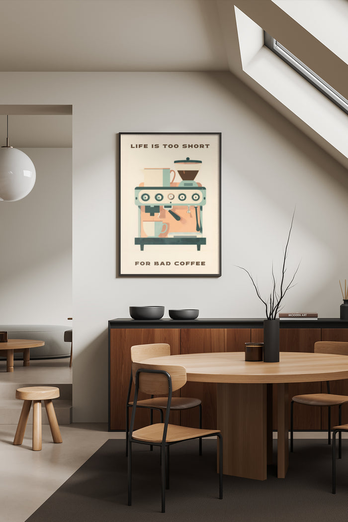 Minimalist espresso machine poster with quote Life is too short for bad coffee, in modern cafe interior