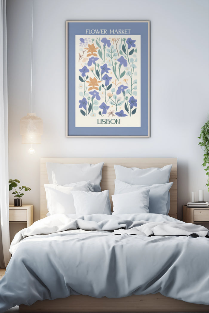 Lisbon Flower Market vintage style poster artwork displayed above bed in modern bedroom interior
