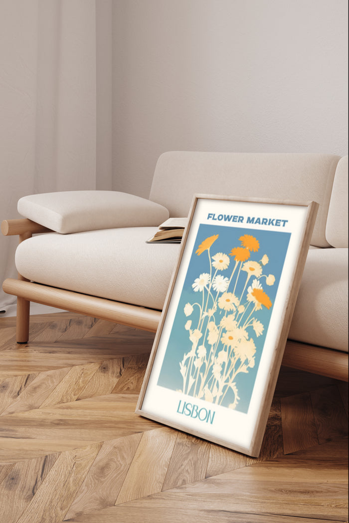 Lisbon Flower Market vintage style poster framed in modern interior
