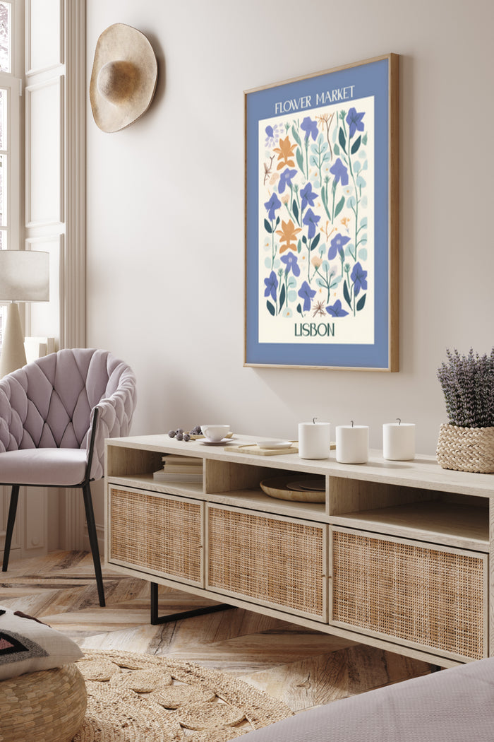 Elegant Lisbon Flower Market framed poster in a modern living room setting