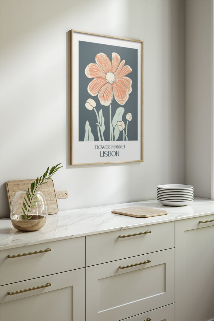Decorative Lisbon Flower Market Poster featuring a large peach flower with teal backdrop in a modern kitchen setting