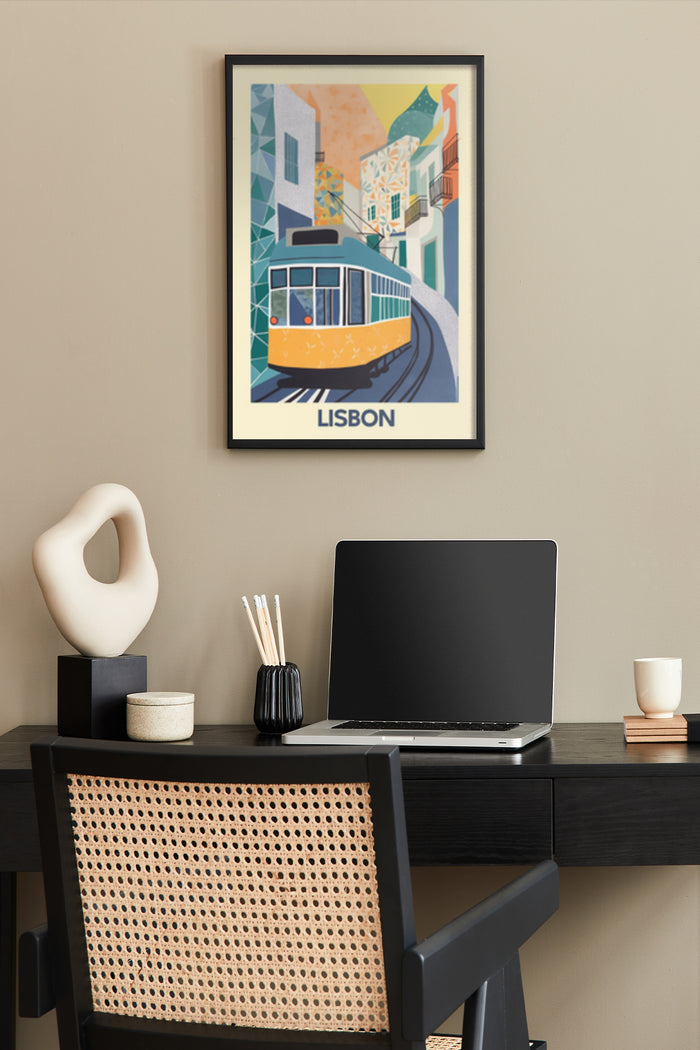 Geometric Lisbon Tram Art Poster in a Stylish Home Office Setup
