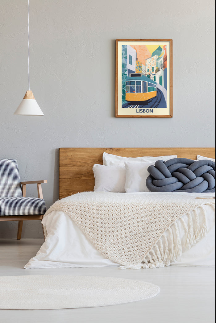 Stylish bedroom with Lisbon vintage tram poster artwork above the bed