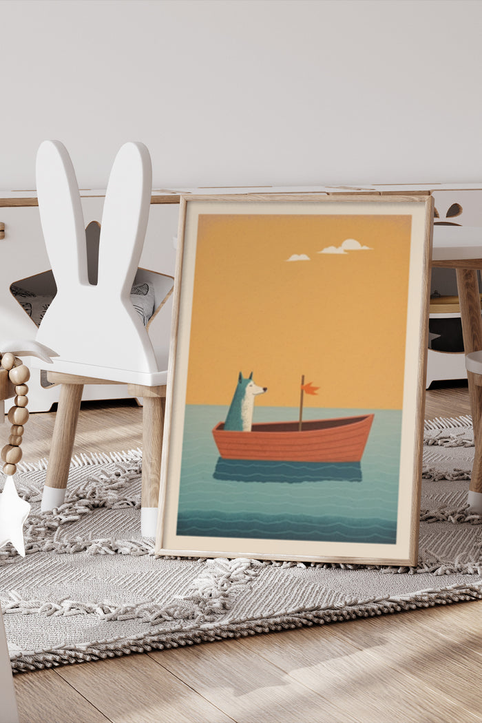Illustrated poster of llama in a boat with sea and sunset backdrop in a home decor setting