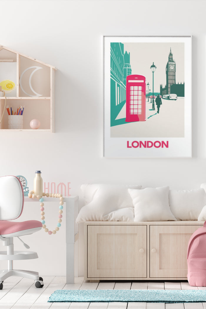 Stylish London city poster featuring iconic red phone booth and Big Ben