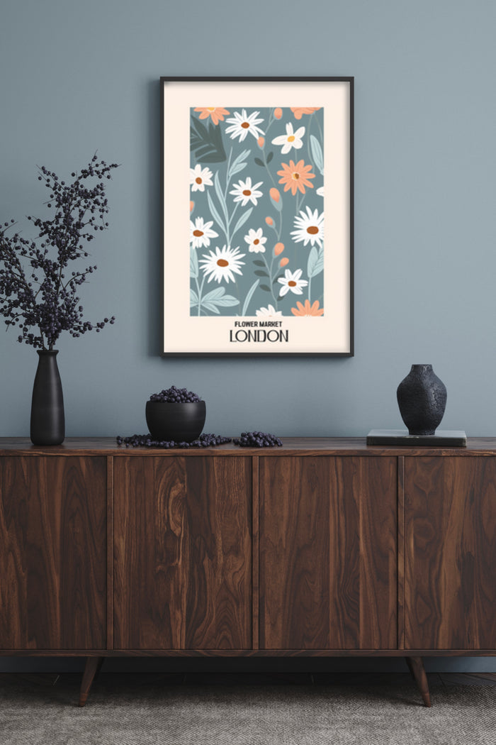 Floral poster of the London Flower Market with daisy and poppy illustrations