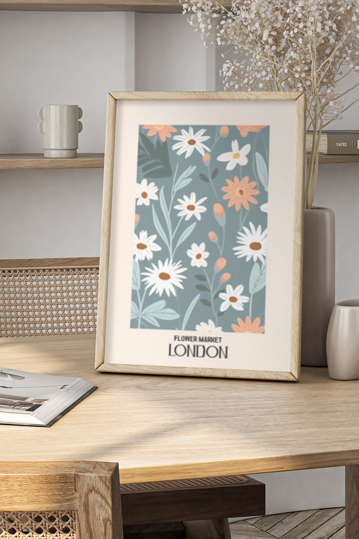 Artistic poster of a London flower market with daisy and peach floral patterns