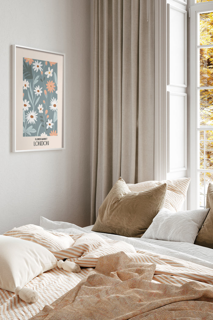 Stylish London Flower Market Poster in bedroom interior