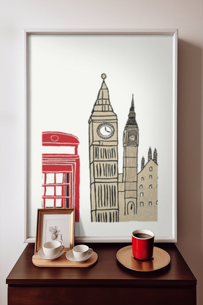 Stylized illustration of London landmarks featuring Big Ben and red telephone booth, framed on wall