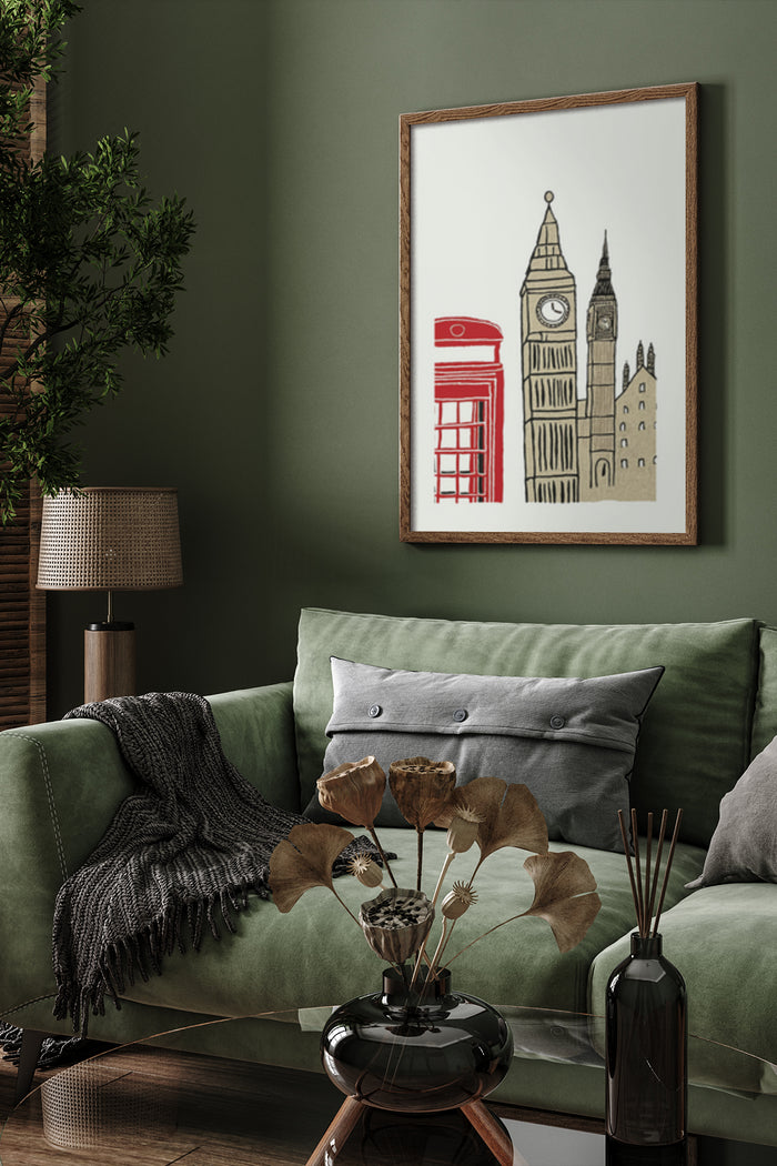 Stylized drawing of iconic London landmarks including red telephone box and Big Ben on framed poster in modern living room