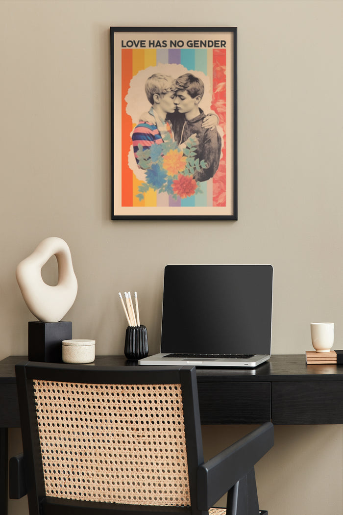 Love Has No Gender equality poster in a stylish home office setup