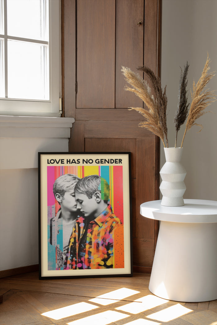 Art poster with 'Love Has No Gender' message displayed in a modern home interior