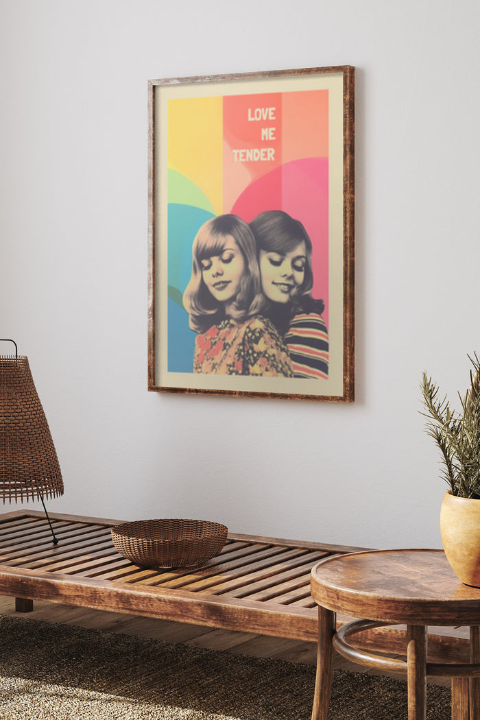 Vintage Love Me Tender Poster with Retro Color Palette and Female Duo