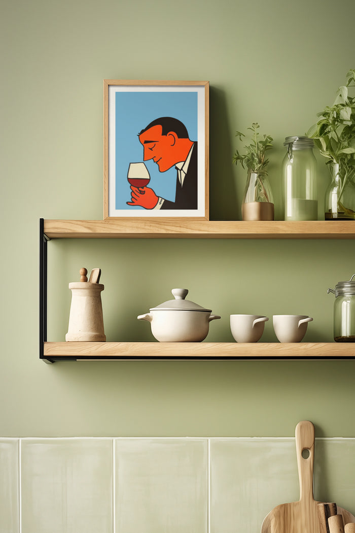 Man Smelling Wine Poster in Modern Art Style Displayed in Kitchen Interior