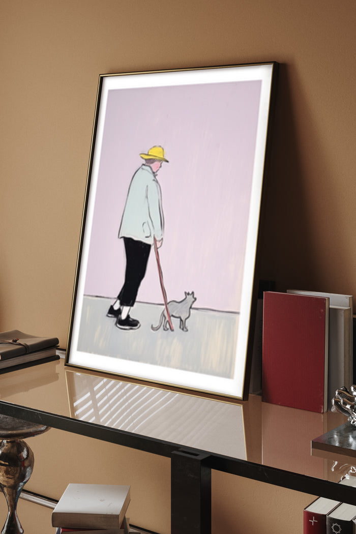 Stylized illustration of man in yellow hat walking with a small dog on a pastel pink background, modern poster artwork