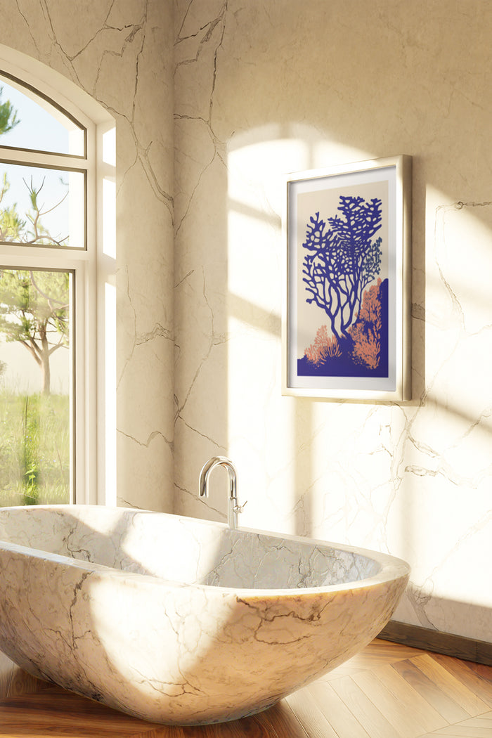 Stylish framed marine coral artwork hanging in a contemporary bathroom with natural light