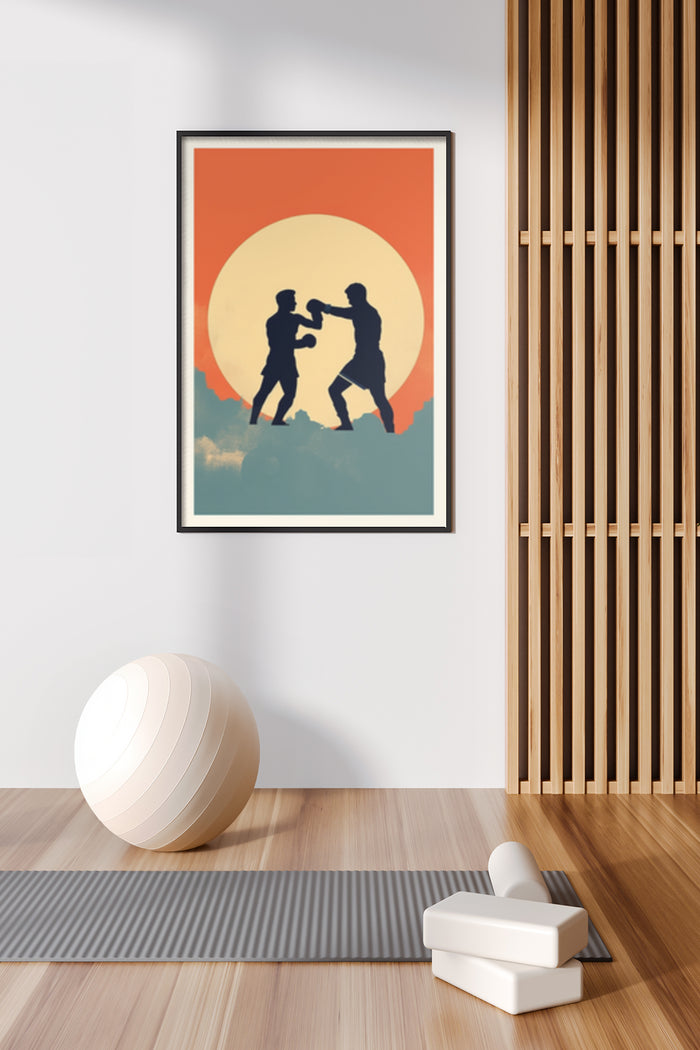 martial arts silhouette poster with orange sunset background in stylish room decor
