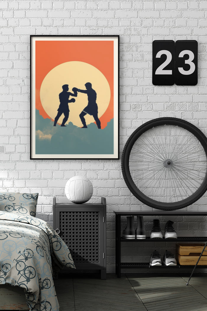 Martial Arts Silhouette Poster against orange sun backdrop in modern bedroom setting