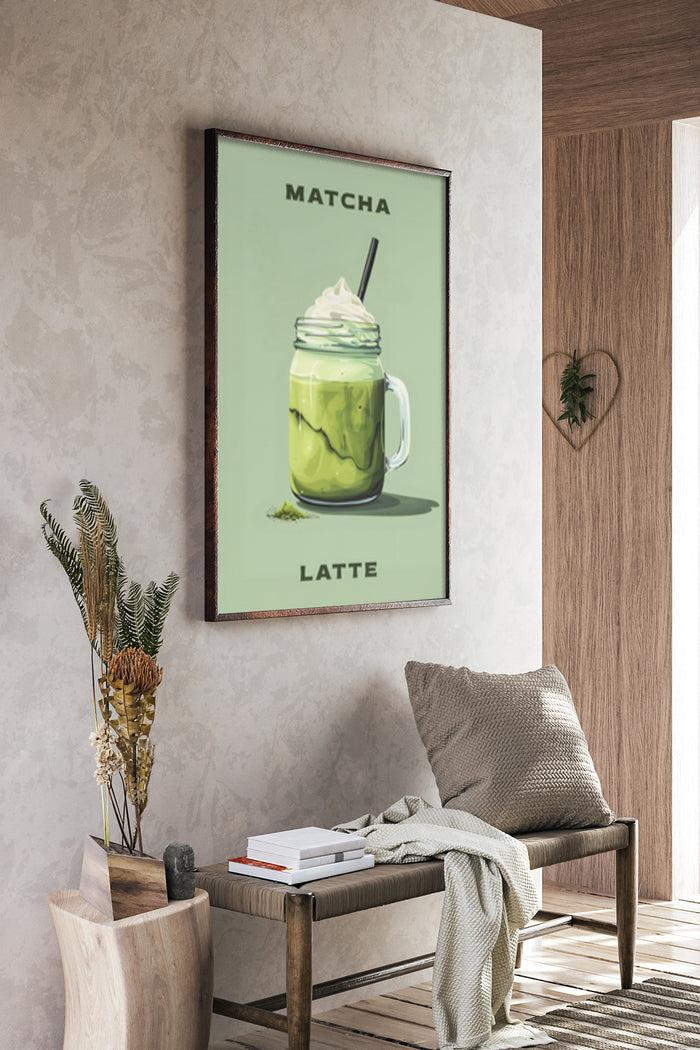 Stylish matcha latte poster displayed in a cozy home interior