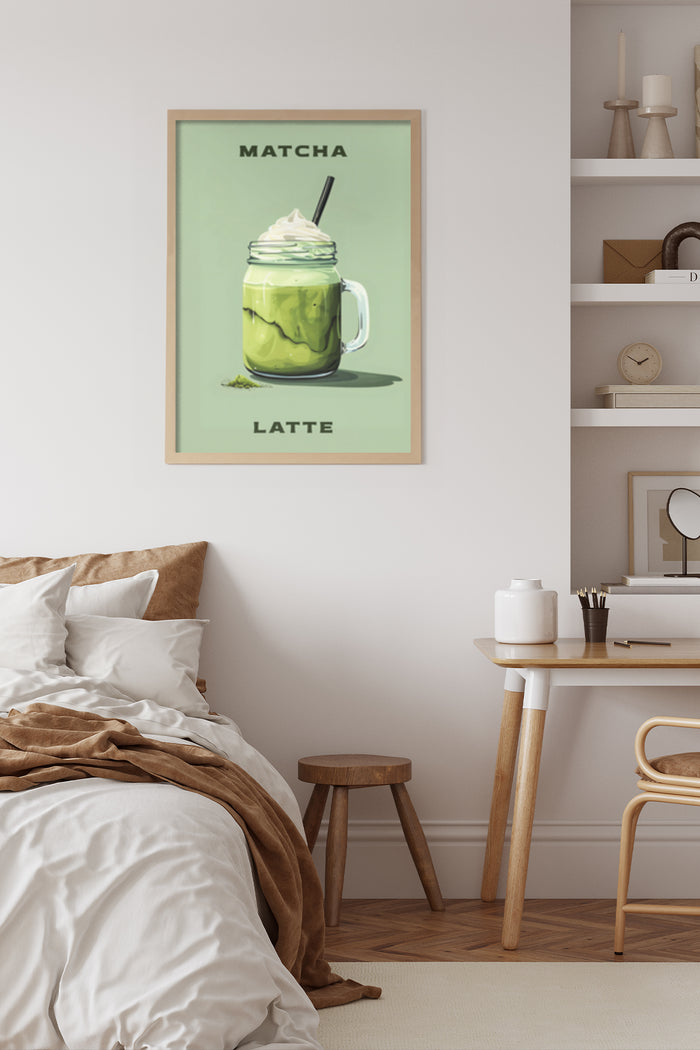 Matcha Latte Advertisement Poster displayed in a modern bedroom setting