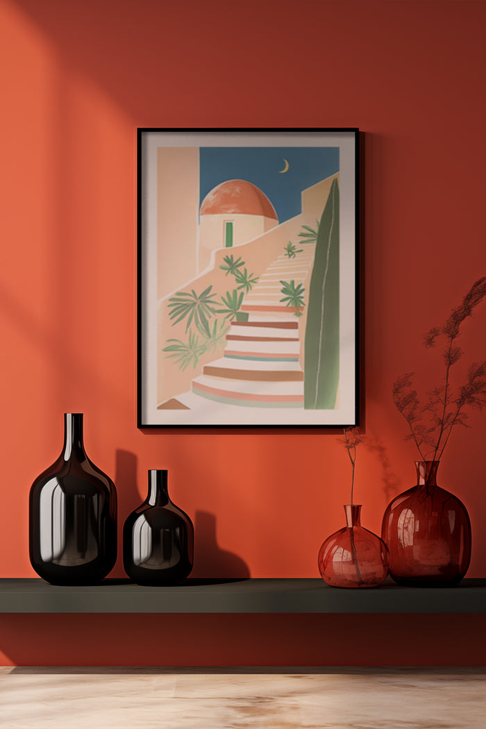 Mediterranean Style Artwork with Stairs, Palm Trees and Moon Poster in Interior Setting