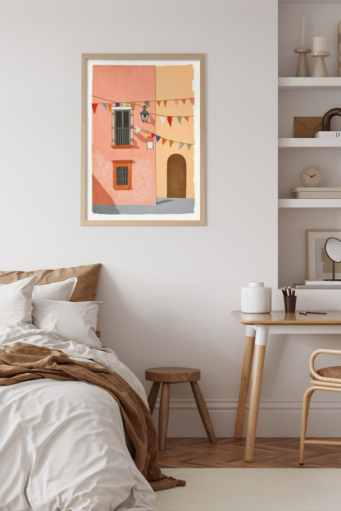 Mediterranean style digital painting with colorful pennants hanging between buildings, wall decor in a modern bedroom setting